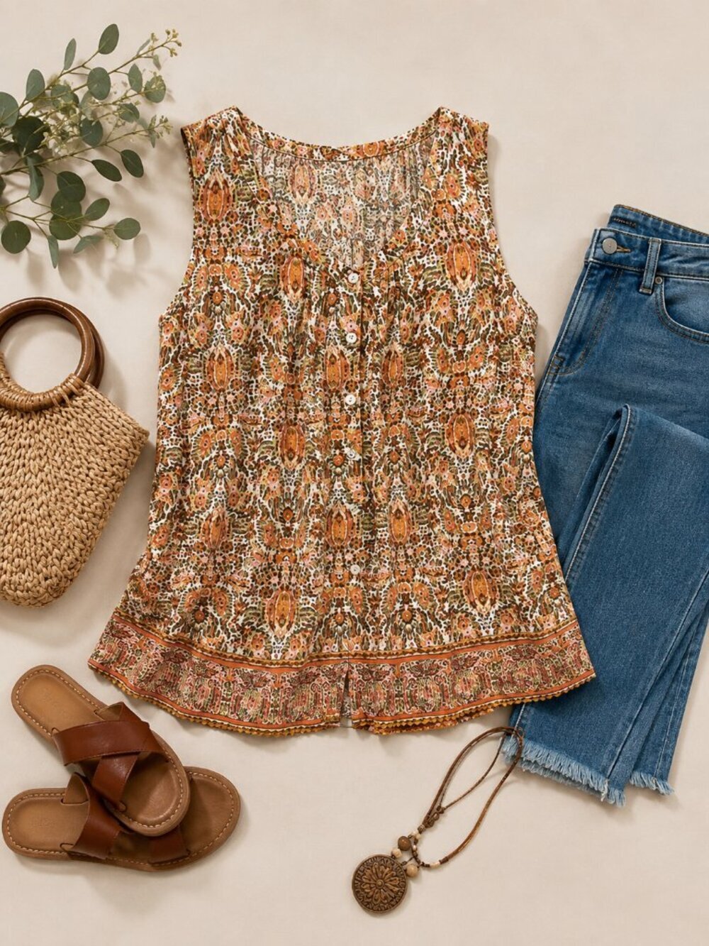 J. Jill 100% Rayon Boho Paisley Floral Sleeveless Tunic Tank Top Women's L